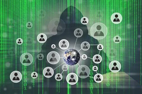 Image of hacker man with people icon and code around on screen. Stockfoto's