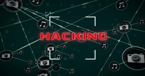 Image of hacking text, network of connections with icons and data processing Stock-Fotos