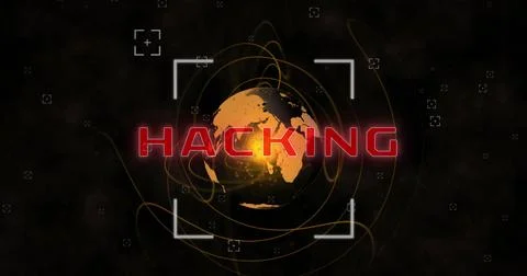 Image of hacking text, view finders and spiral pattern around globe over black Stock Photos