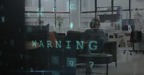 Image of hacking texts over caucasian businessman using smartphone Illustrazione stock