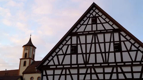 Image of half-timbered modern house and blue sky, Heuchlingen, Germany. Stock Footage 102646439