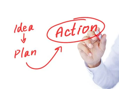 An image of a hand drawing Action from idea and plan Stock Photos