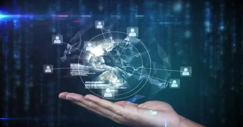 Image of hand holding globe with data processing on black background 스톡 사진