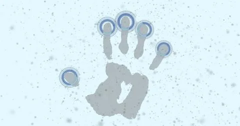 Image of hand print and scopes scanning with grey particles on white background Illustrazione stock