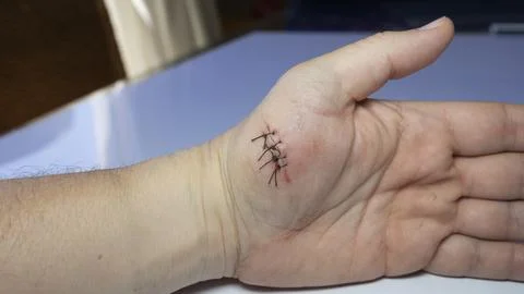 Image of a hand with a stitched wound Stock Photos