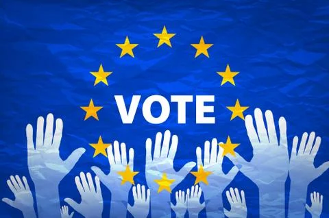 Image of hands on the background of the European flag. make a choice. vote... Stock Illustration