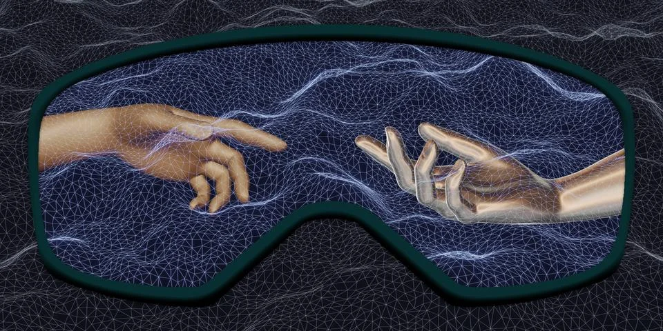 Image of hands reaching for each other through the Metaverse concept VR glass Stock Illustration