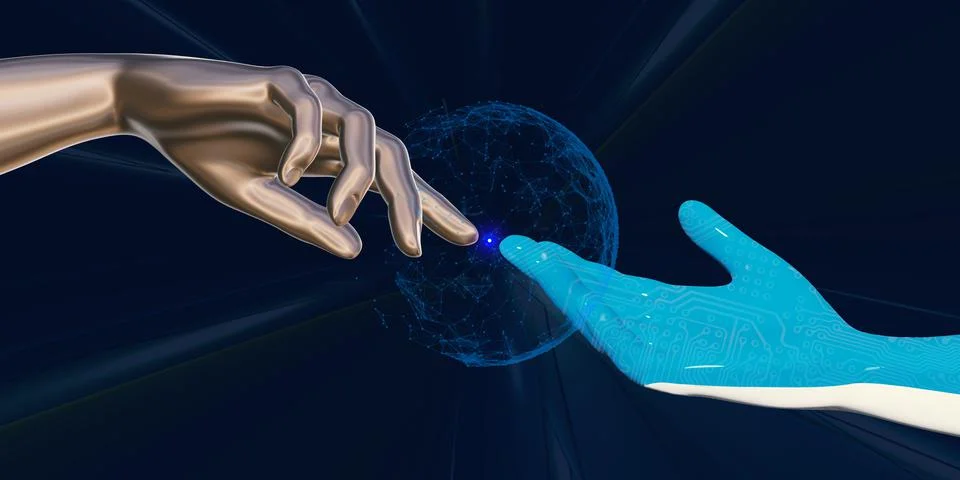 Image of hands reaching for each other through the Metaverse concept VR glass Stock Illustration