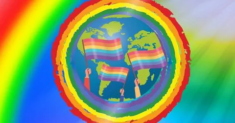 Image of hands waving rainbow pride flags over globe in rainbow circle 스톡 일러스트