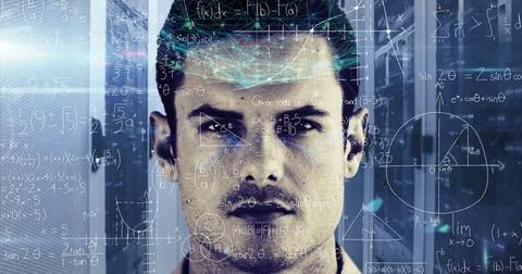 Image of handwritten mathematical equations, data and digital interface moving Stock Photos