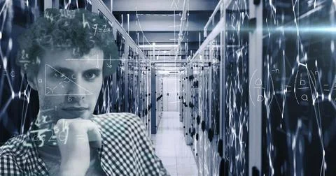 Image of handwritten mathematical equations, molecules and elements moving over Foto stock