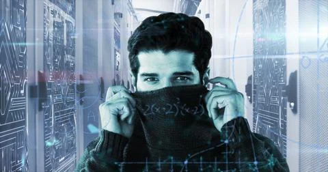 Image of handwritten mathematical equations moving over portrait of man covering Stockfoto's