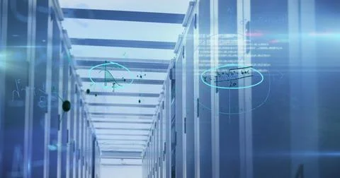 Image of handwritten mathematical equations over a network of computer servers Stock Illustration
