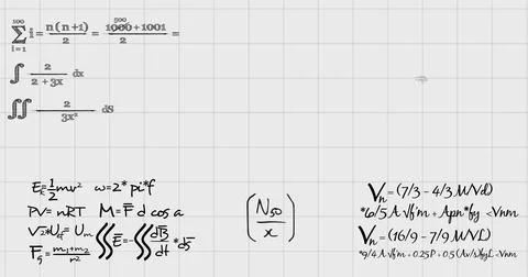Image of handwritten maths equations moving over square ruled notebook page Stock Illustration