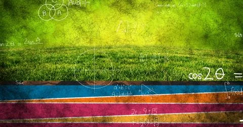 Image of handwritten maths formulae and calculations moving over colourful path 库存插图