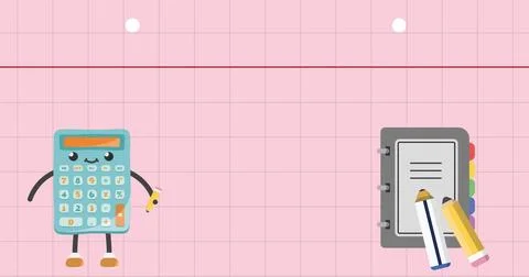 Image of happy calculator diary and pencils over squared pink notebook page Stock Illustration