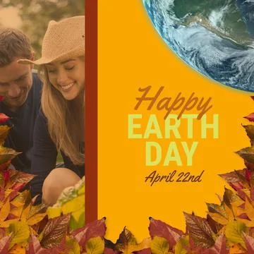 Image of happy earth day text over globe, leaves and caucasian couple in garden Fotos Stock