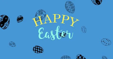 Image of happy easter and easter eggs on blue background Stock Illustration