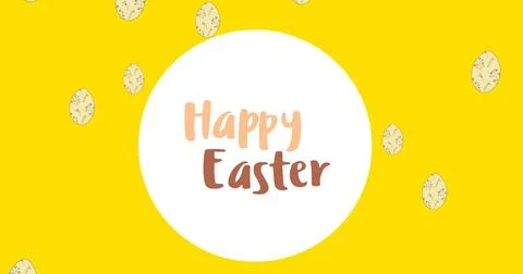 Image of happy easter in circle over easter eggs on yellow background Ilustração Stock
