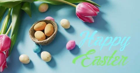 Image of happy easter, eggs and tulips on blue background Stock Illustration
