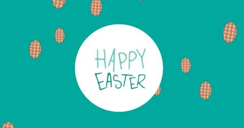 Image of happy easter text over easter eggs on green background Ilustração Stock