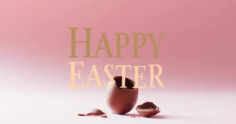 Image of happy easter text over cracked chocolate easter egg on pink background Ilustração Stock