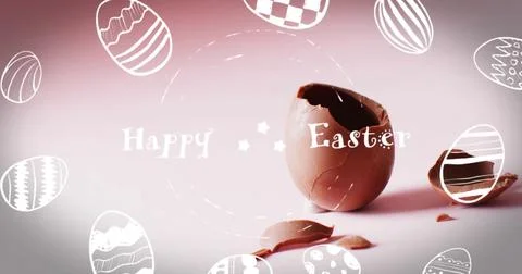 Image of happy easter text over easter eggs and cracked chocolate egg on pink Ilustração Stock