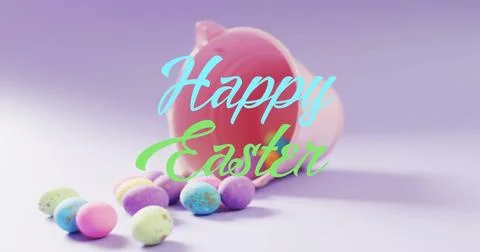 Image of happy easter text over colourful easter eggs and pink bucket on purple Stock Photos