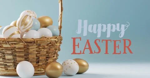 Image of happy easter text over white and gold easter eggs in bucket on blue Stock Photos