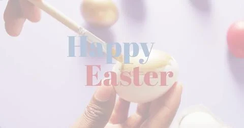 Image of happy easter text over woman painting easter eggs on purple background Stock Photos