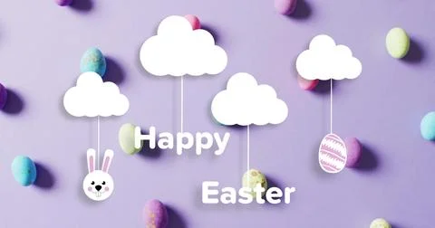Image of happy easter text over clouds with colourful easter eggs on purple Stock Photos
