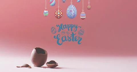 Image of happy easter text over colourful easter eggs on pink background Stock Photos