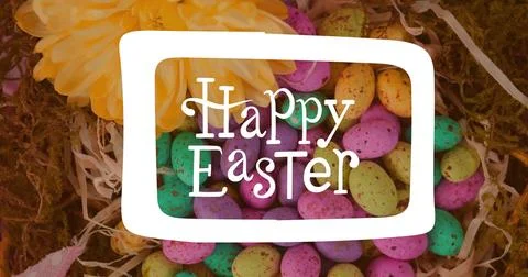 Image of happy easter text over colourful easter eggs Stock Photos