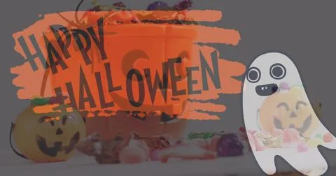 Image of happy halloween text with ghost over orange pumpkin buckets with sweets Ilustração Stock