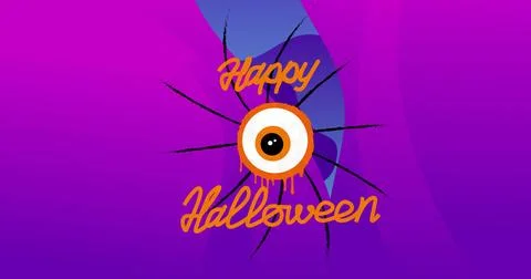 Image of happy halloween text with moving eye over purple shapes on blue Ilustração Stock