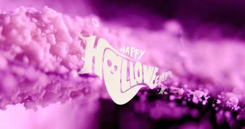 Image of happy halloween text over pink rocks falling Ilustração Stock