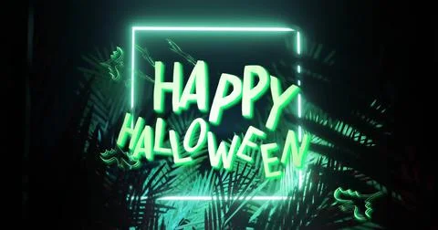 Image of happy halloween text over bats and leaves Ilustração Stock