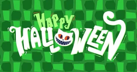 Image of happy halloween text over scary cat's face on green background Ilustração Stock