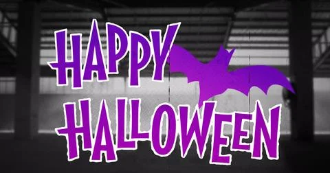 Image of happy halloween text over bat and window Stockillustratie