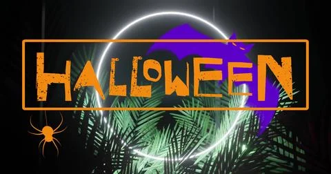 Image of happy halloween text over plants and bats on black background Ilustração Stock