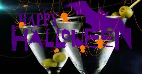 Image of happy halloween text over drinks Ilustração Stock