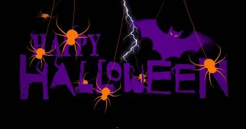 Image of happy hallowwen text over orange spiders on black background Stock Illustration