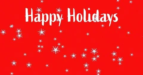 Image of happy holidays text and snow falling over christmas red background Ilustração Stock