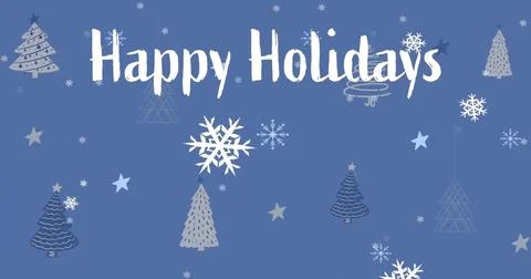 Image of happy holidays text and snow falling over christmas tree on blue Illustrazione stock