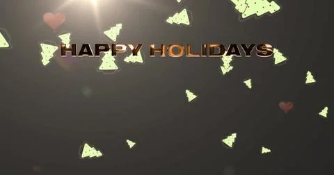 Image of happy holidays text and christmas trees falling over dark background Stock Illustration