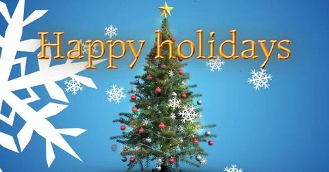 Image of happy holidays text and snow falling over christmas tree on blue Illustrazione stock