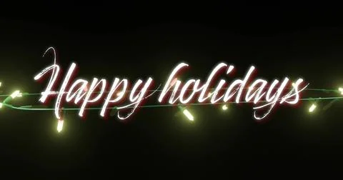 Image of happy holidays text with illuminating string lights on black background Stock Illustration