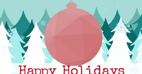 Image of happy holidays text over christmas bauble and snow falling Ilustração Stock