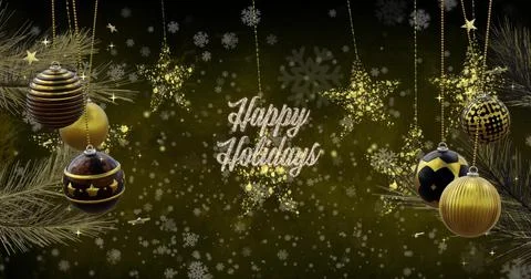 Image of happy holidays text over baubles, feathers, stars and falling Ilustração Stock
