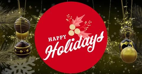 Image of happy holidays text in red circle over golden baubles, feathers and Stock Illustration